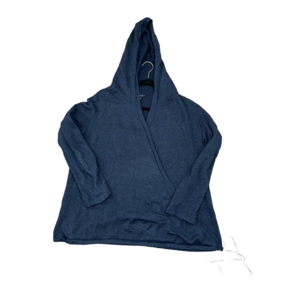 Lafayette 148 New York Navy Blue Linen Blend‎ Hooded Wrap Sweater Size Large